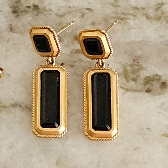 RARE DESIGNER MONICA RICH KOSANN 18K GOLD ONYX OCTAGON OBLONG PIERCED EARRINGS - Picture 11 of 13